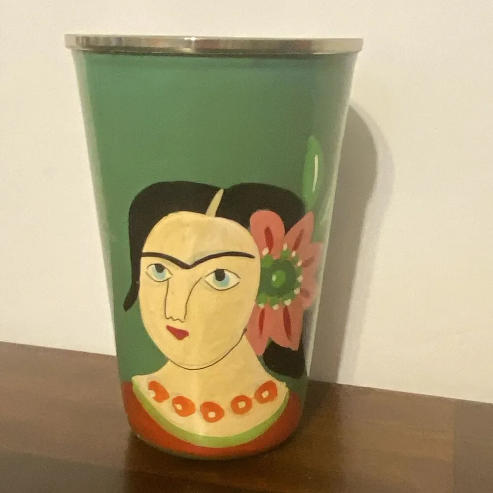 Green Metal Tumbler 16 oz Frida Kahlo Portrait Floral Folk Art 5.5 in